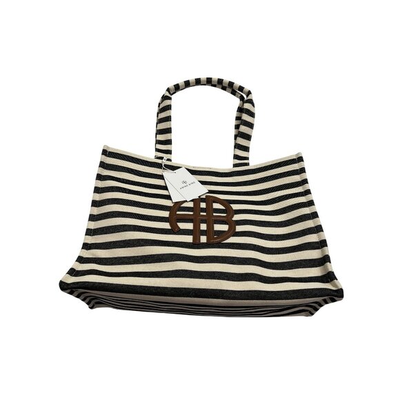 Anine Bing Black and White Striped Tote with Logo - Picture 2 of 5
